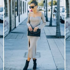 Ribbed Knit Midi Sweater Dress Sweetheart Neckline